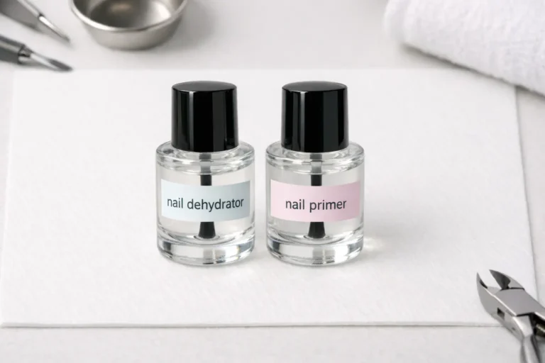 Nail dehydrator and nail primer bottles positioned side by side on professional nail preparation station