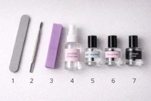 Professional nail preparation sequence for gel polish showing dehydrator, primer and base coat application in correct order