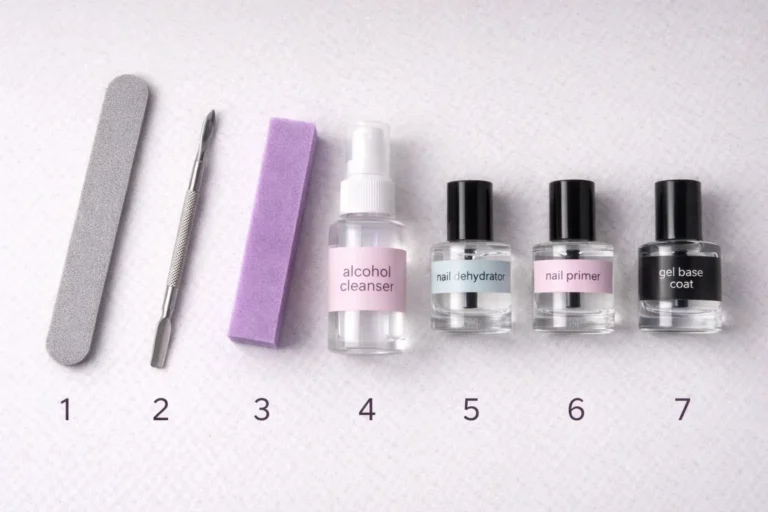 Professional nail preparation sequence for gel polish showing dehydrator, primer and base coat application in correct order