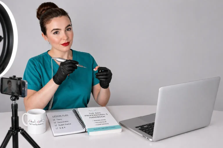 Professional nail educator demonstrating technique during an online nail training course