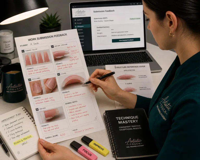 Nail technician reviewing detailed written technical feedback on printed work submission photos with professional annotations