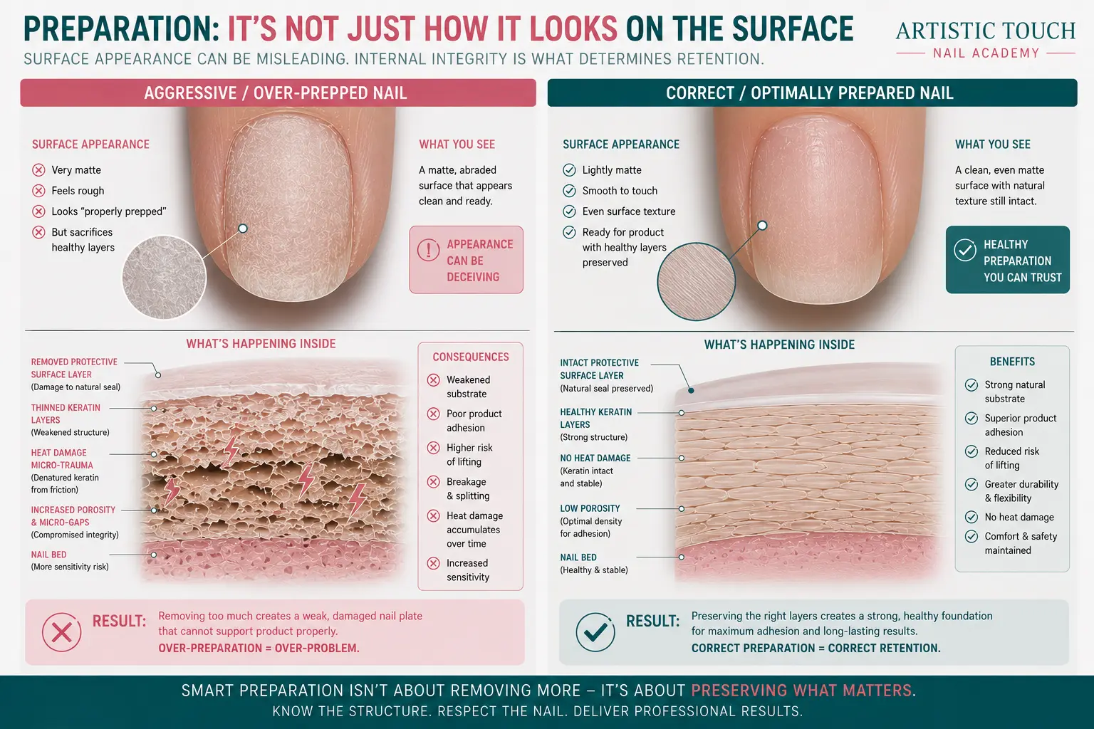 Comparison of aggressively over-prepped nail appearing matte with obvious texture but internally damaged versus properly prepared nail with moderate buffing maintaining structural integrity