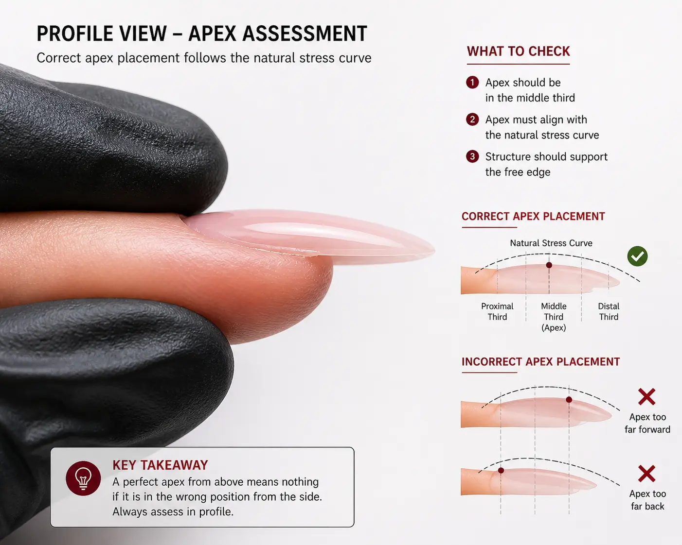 Nail technician examining nail enhancement in side profile view to assess apex placement relative to natural stress curve