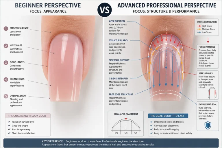 Same nail enhancement viewed by beginner seeing aesthetic appearance versus advanced professional analysing structural engineering stress patterns and force distribution