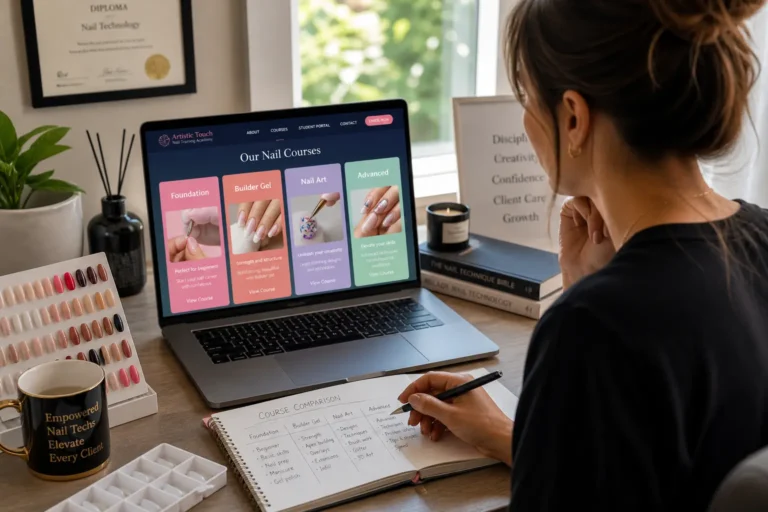 Professional nail technician reviewing online nail training courses on laptop with nail enhancement samples on desk