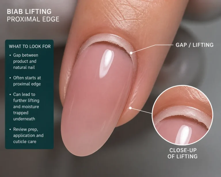 BIAB builder gel enhancement showing premature lifting at proximal cuticle edge with visible gap between product and natural nail