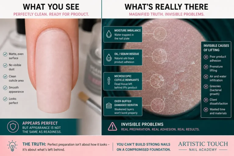 Split comparison showing visually clean prepared nail surface beside magnified view revealing invisible moisture imbalance oil penetration microscopic cuticle and damaged keratin causing lifting despite clean appearance