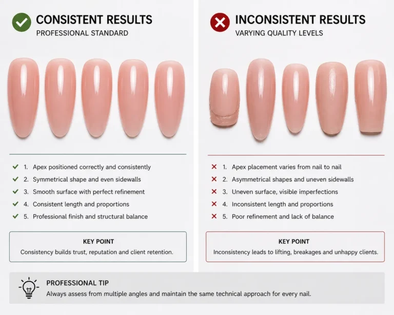 Side-by-side comparison of nail enhancement samples showing consistent professional quality versus inconsistent results with varying quality