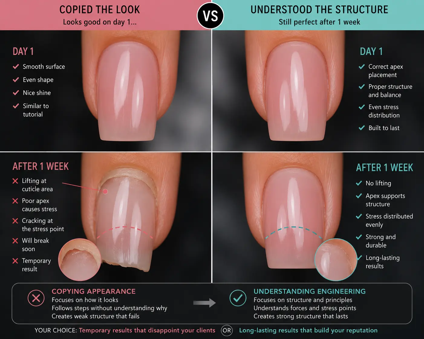 Comparison showing nail enhancement that copied tutorial shape looking acceptable initially versus same technique one week later with structural failure highlighting copying versus understanding difference