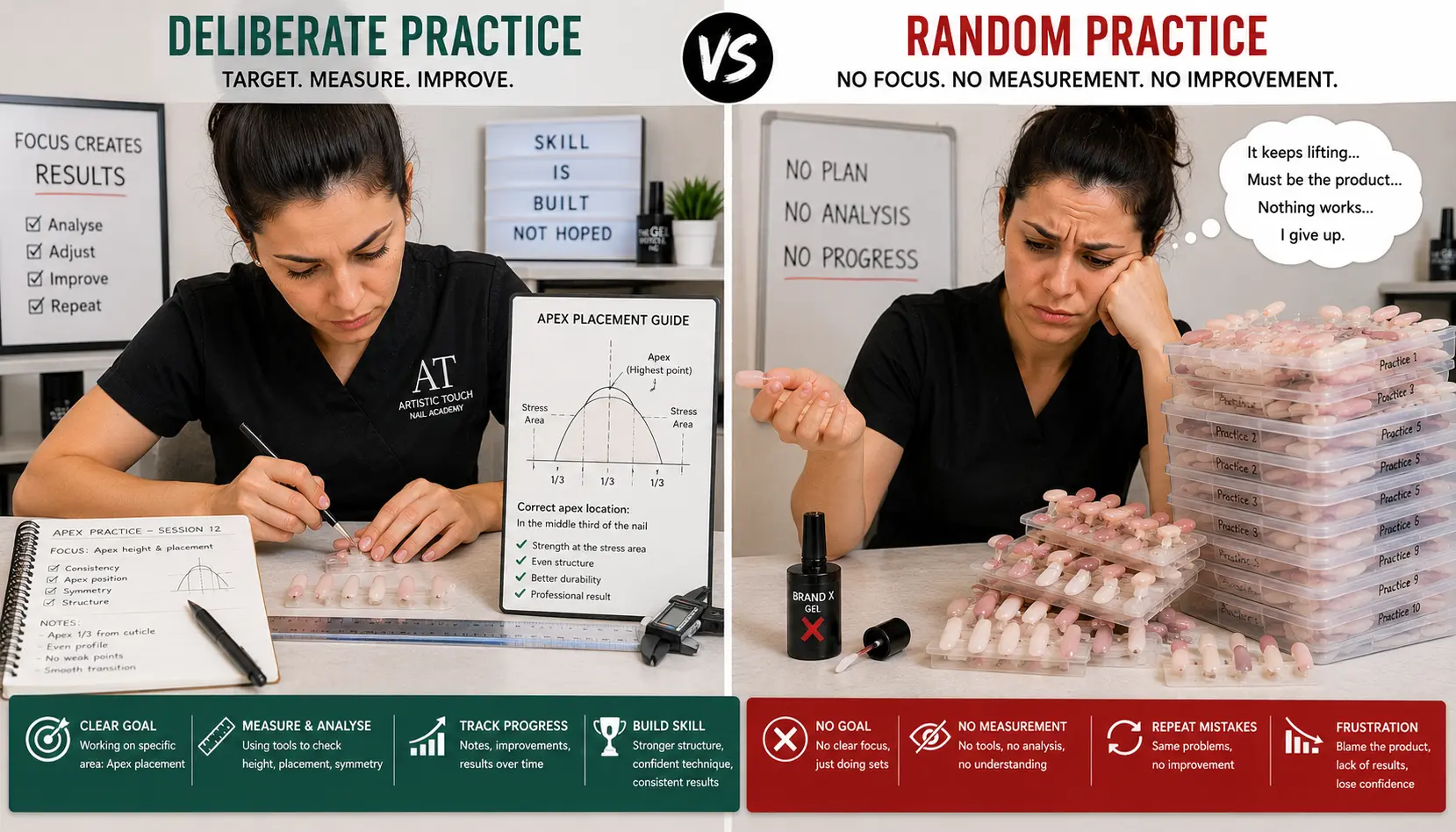Comparison showing deliberate practice with measurement targeting specific apex placement skill versus unfocused general repetition hoping exposure creates improvement