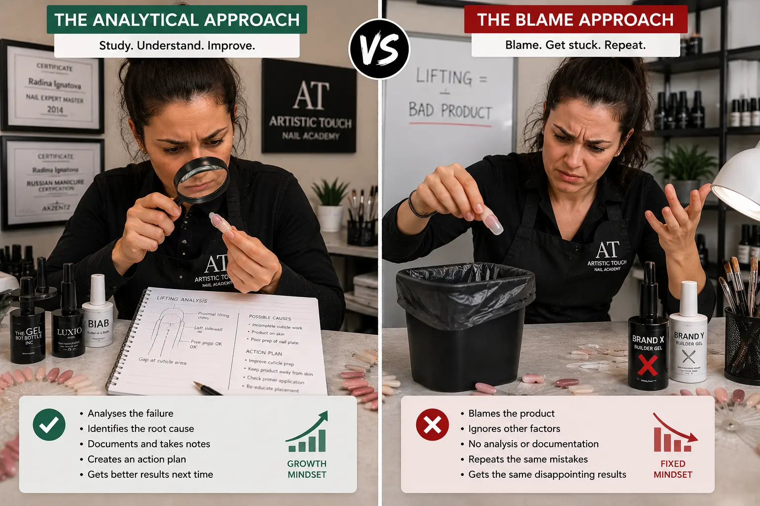 Two nail techs with same training showing one conducting systematic failure analysis with documentation versus one blaming products and avoiding technical diagnosis