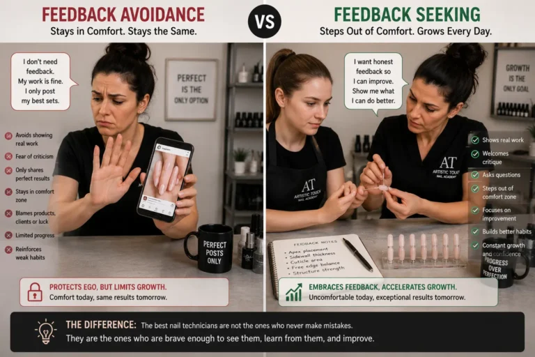 Experienced technician stuck at plateau constantly switching products avoiding technical self-assessment versus newer technician showing rapid improvement through systematic deliberate practice