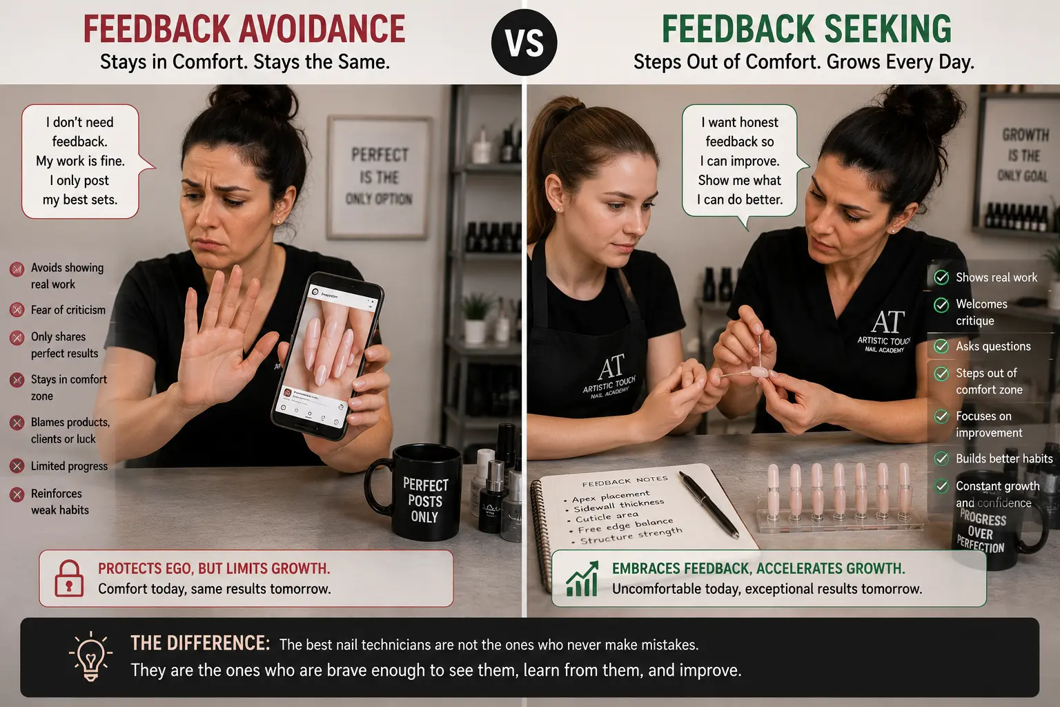 Comparison showing technician avoiding external feedback protecting ego by sharing only perfect work versus technician actively seeking uncomfortable critique exposing blind spots
