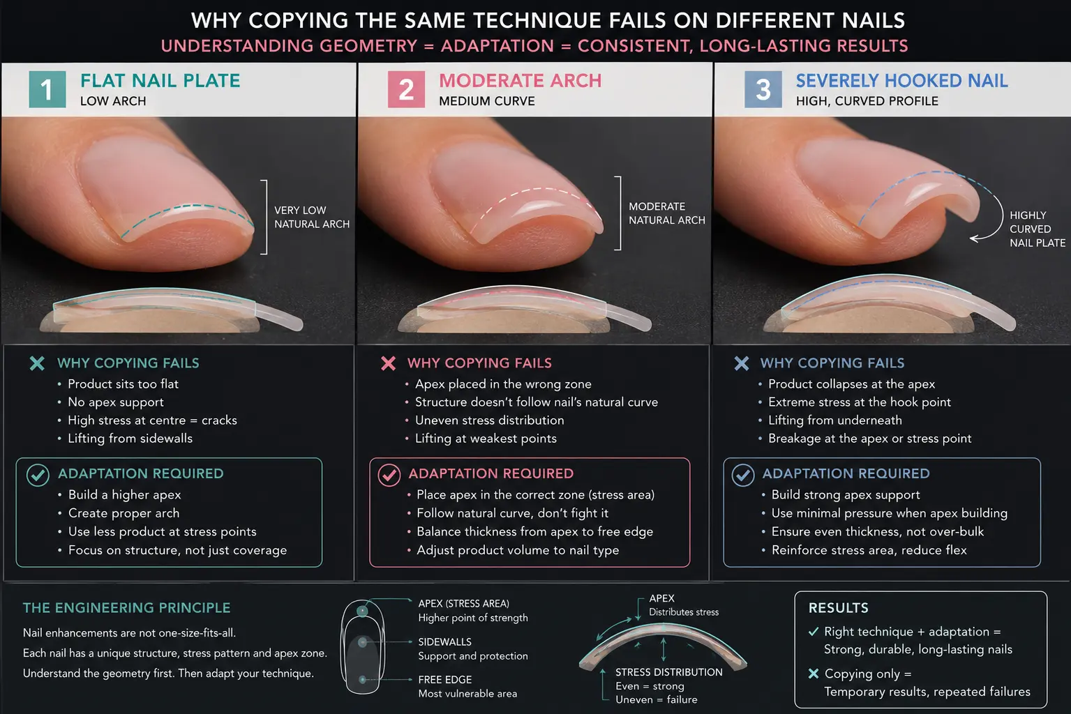 Three nail types showing flat moderate and hooked geometry with structural annotations explaining why identical copied technique fails differently on each requiring understanding for proper adaptation