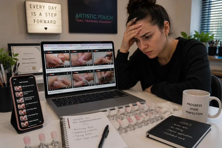 rustrated nail technician surrounded by free tutorial content with practice work showing no improvement despite continued learning effort