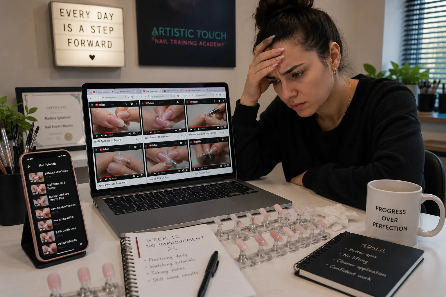 Frustrated nail technician surrounded by free tutorial content with practice work showing no improvement despite continued learning effort