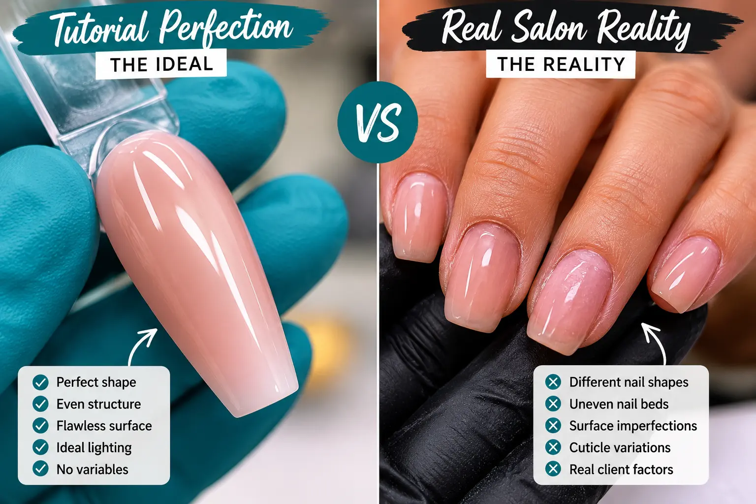 Comparison of perfect tutorial nails versus real salon client nails showing natural variation