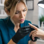 Professional nail technician examining nail lifting and retention problems on a client's nail during a detailed assessment.