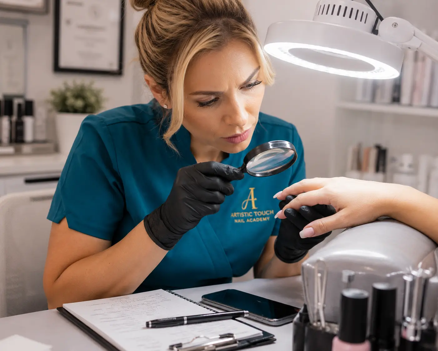 Nail technician examining nails with diagnostic thinking, studying details with magnifying tool