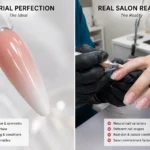 Comparison between perfect nail work on a practice tip and professional nail services performed on a real salon client.