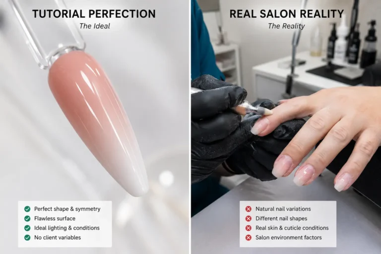Comparison between perfect nail work on a practice tip and professional nail services performed on a real salon client.