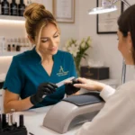 Confident professional nail technician performing a nail treatment on a client in a modern salon environment.