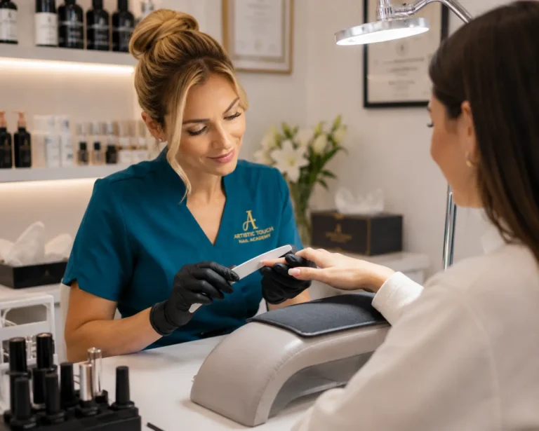 Confident professional nail technician performing a nail treatment on a client in a modern salon environment.