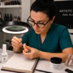 Nail technician analysing nail structure and retention factors through diagnostic thinking and professional nail education.