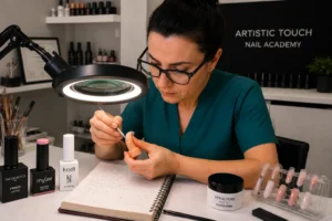 Nail technician analysing nail structure and retention factors through diagnostic thinking and professional nail education.
