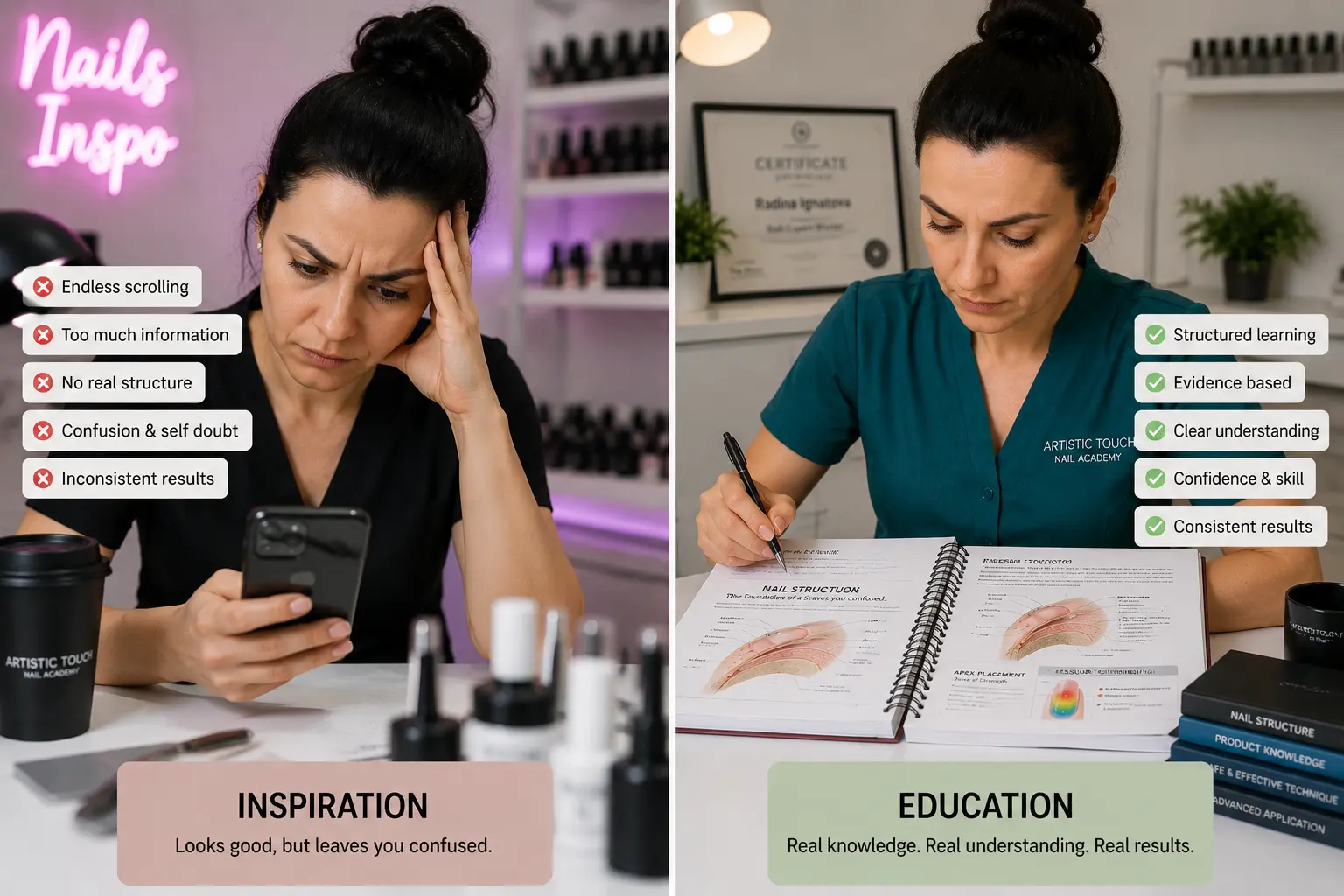 Contrast between studying social media nails and engaging with real structured nail education