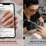 Comparison between perfect Instagram nail photography and real salon nail work performed on an actual client.