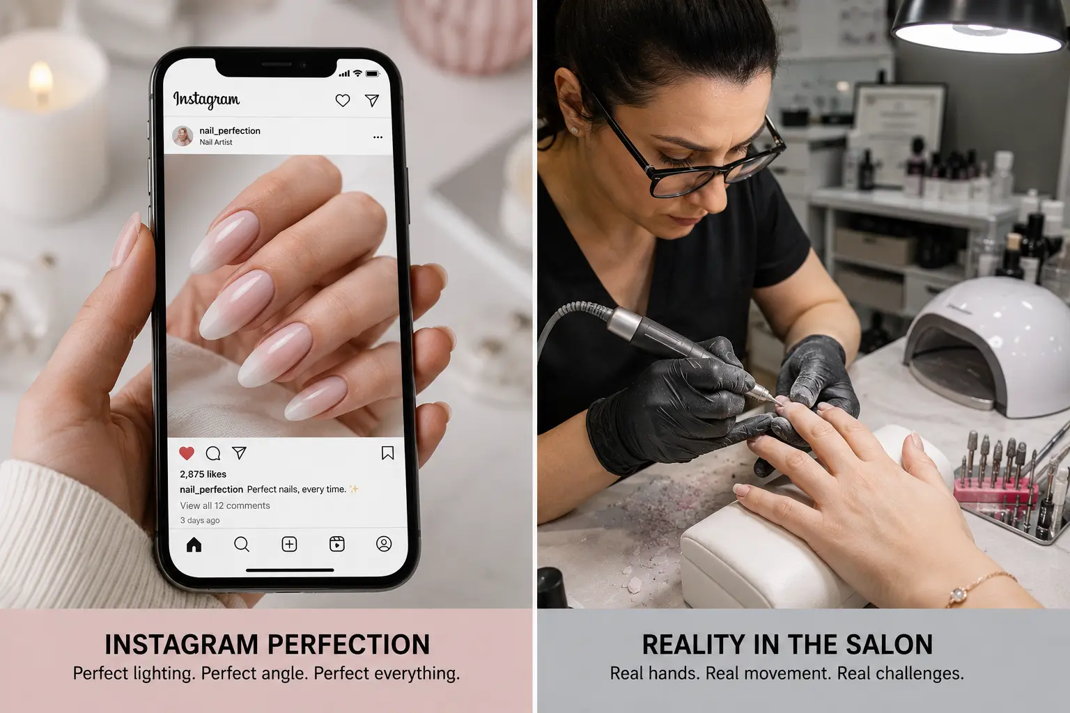 Contrast between perfect social media nail image and real complexity of professional salon work