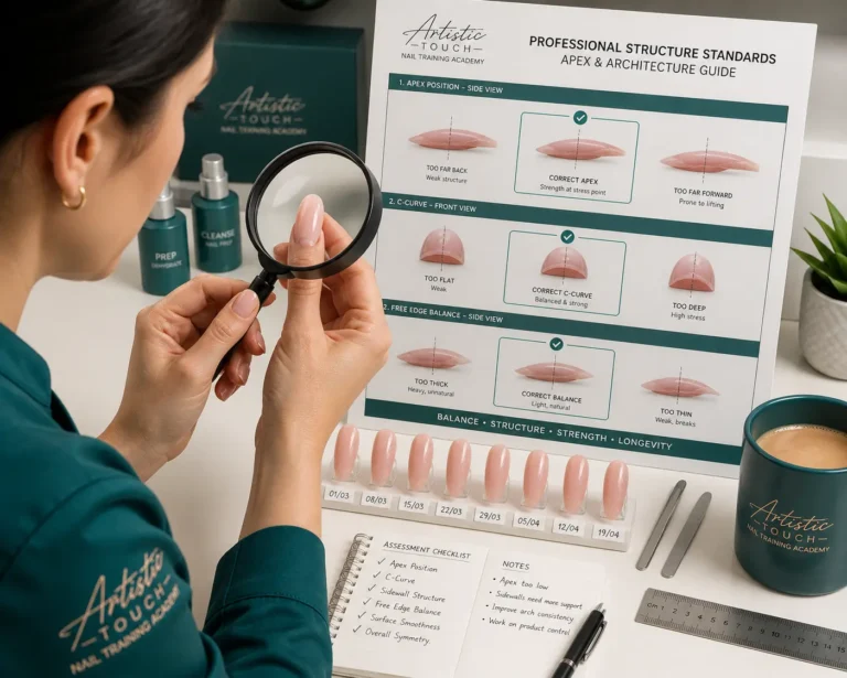 Nail technician comparing completed nail enhancement against professional reference standard chart using magnifying tool