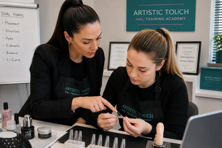 Nail educator providing immediate individual feedback during intensive course with close observation of student practice technique