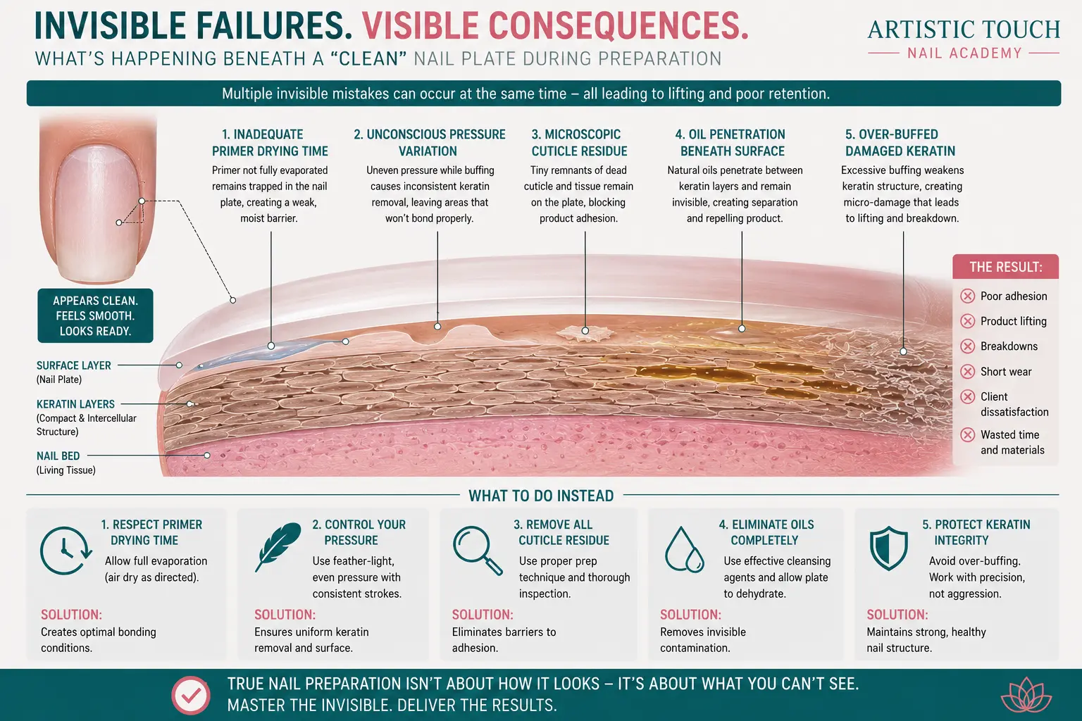 Educational cross-section diagram showing nail plate during preparation with multiple invisible failures occurring simultaneously beneath apparently clean surface: inadequate primer drying time unconscious pressure variation microscopic cuticle residue remaining on plate and oil penetrated beneath clean surface