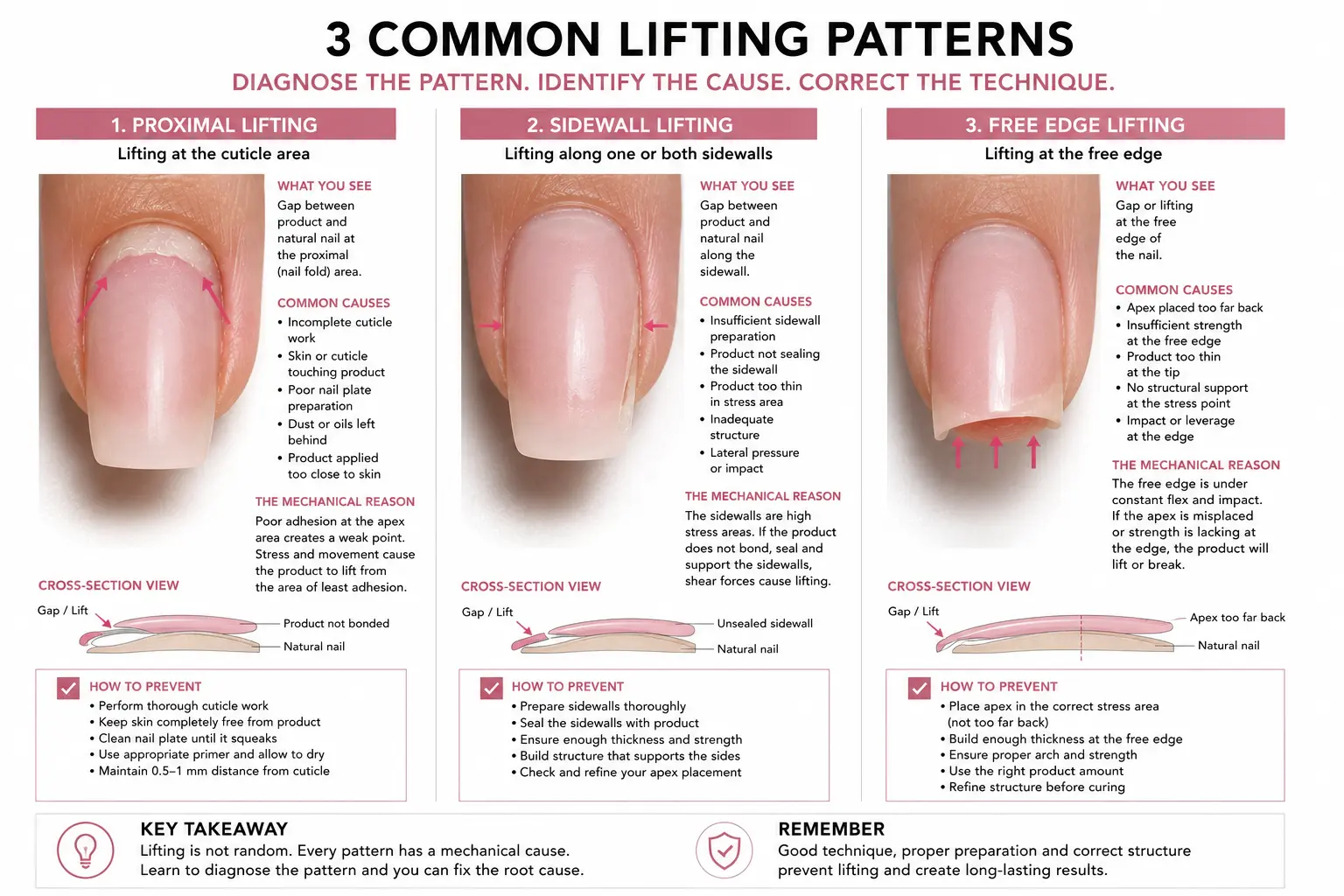 Three nail enhancements showing different lifting patterns with diagnostic annotations explaining proximal lifting indicates preparation gaps sidewall lifting shows structural problems free edge lifting suggests apex errors