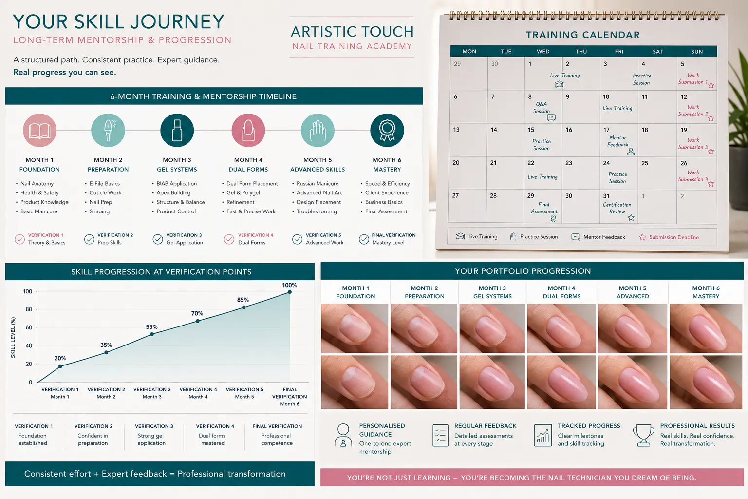 Visual timeline showing systematic skill progression through long-term mentorship with regular verification points and documented improvement