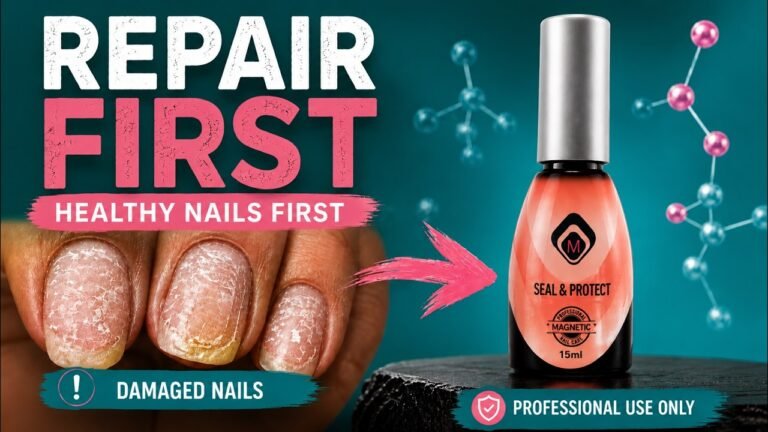 Magnetic Seal and Protect by Magnetic Nail Care next to severely damaged nails — professional nail repair treatment demonstrated by Radina Ignatova