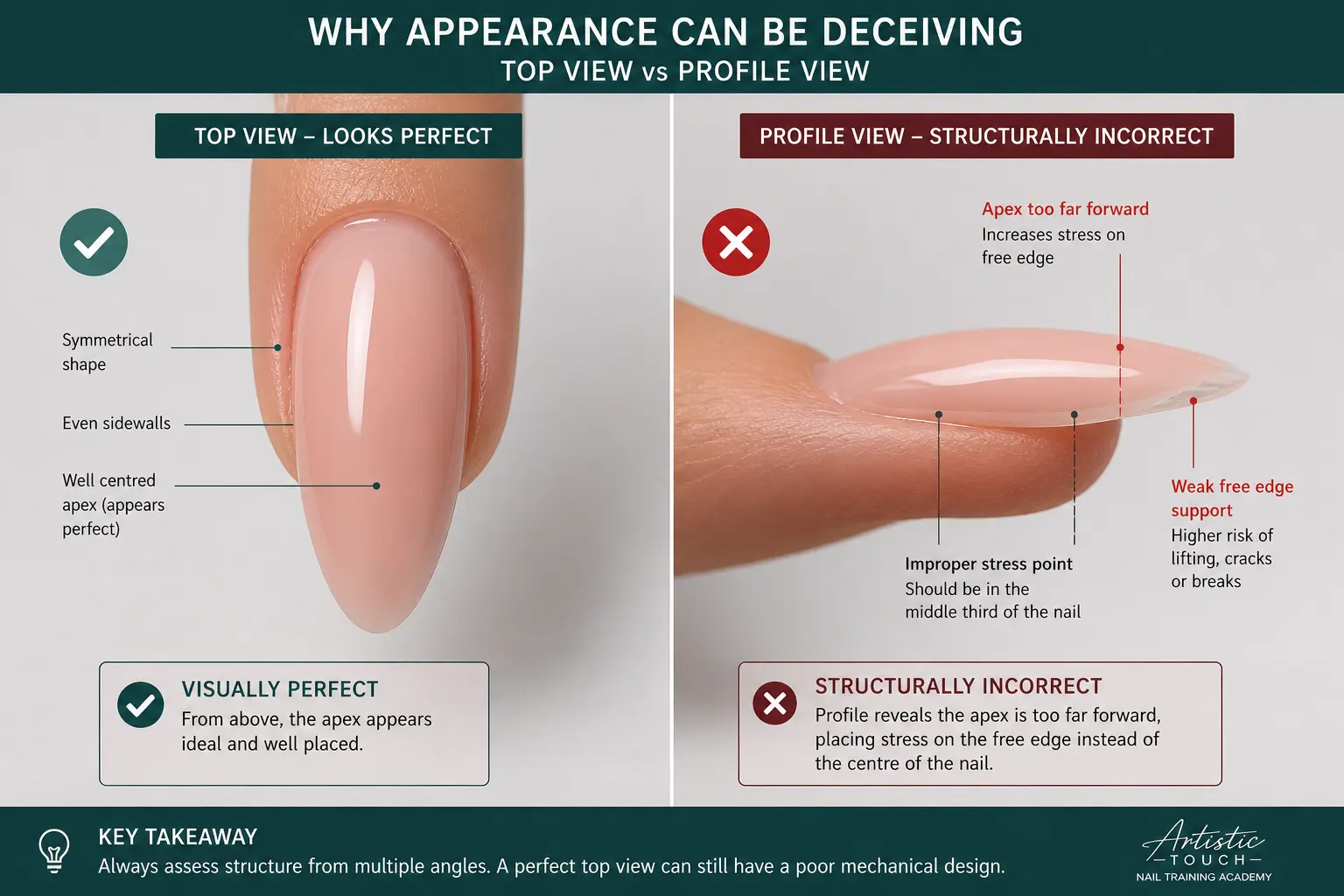 Side-by-side comparison of nail enhancement with correct apex from above versus profile view revealing structural placement error