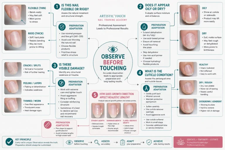 Decision tree flowchart showing observation and assessment questions nail techs should ask before touching nail, connecting to specific preparation strategy adaptations for each finding