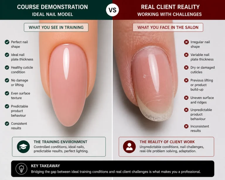 Split screen comparison showing perfect nail course demonstration on ideal model versus real challenging client nail conditions
