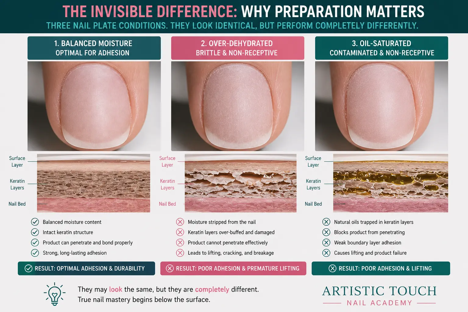 Educational cross-section diagram comparing balanced moisture optimal nail versus over-dehydrated brittle surface versus oil-penetrated keratin showing why visually identical nails have different adhesion behaviour