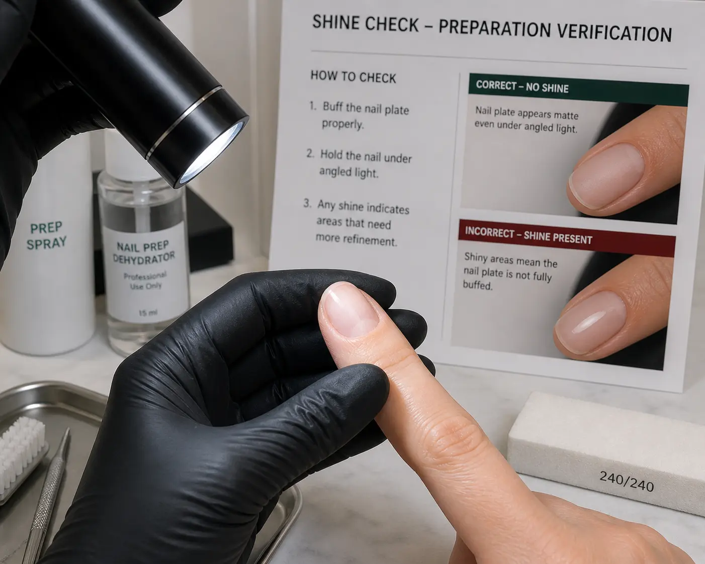 Nail technician using angled light source to check buffed nail plate for remaining surface shine during preparation verification