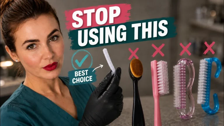 Three types of nail prep brushes showing makeup-style brush trapping dust in fibers, standard nail brush requiring cleaning between clients, and disposable lint strip eliminating cross-contamination for professional hygiene standards