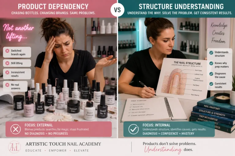 Split comparison showing frustrated nail tech surrounded by switched gel products versus confident tech studying prep principles and nail structure understanding why routines fail