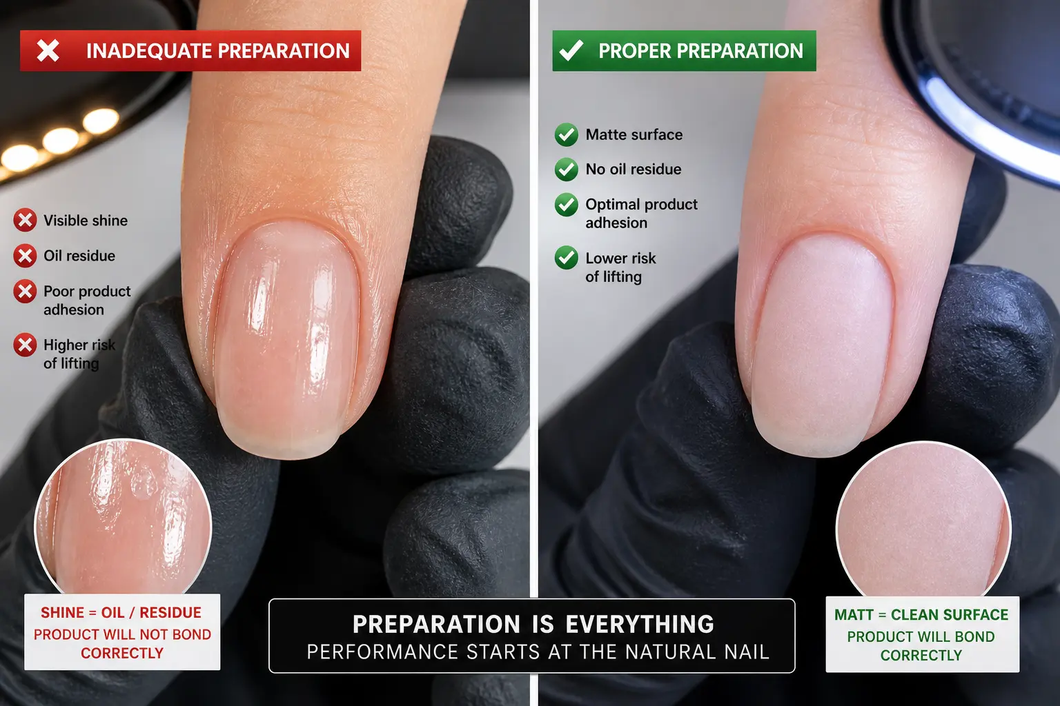 Split comparison showing inadequate nail preparation with surface shine versus properly prepared matte nail surface