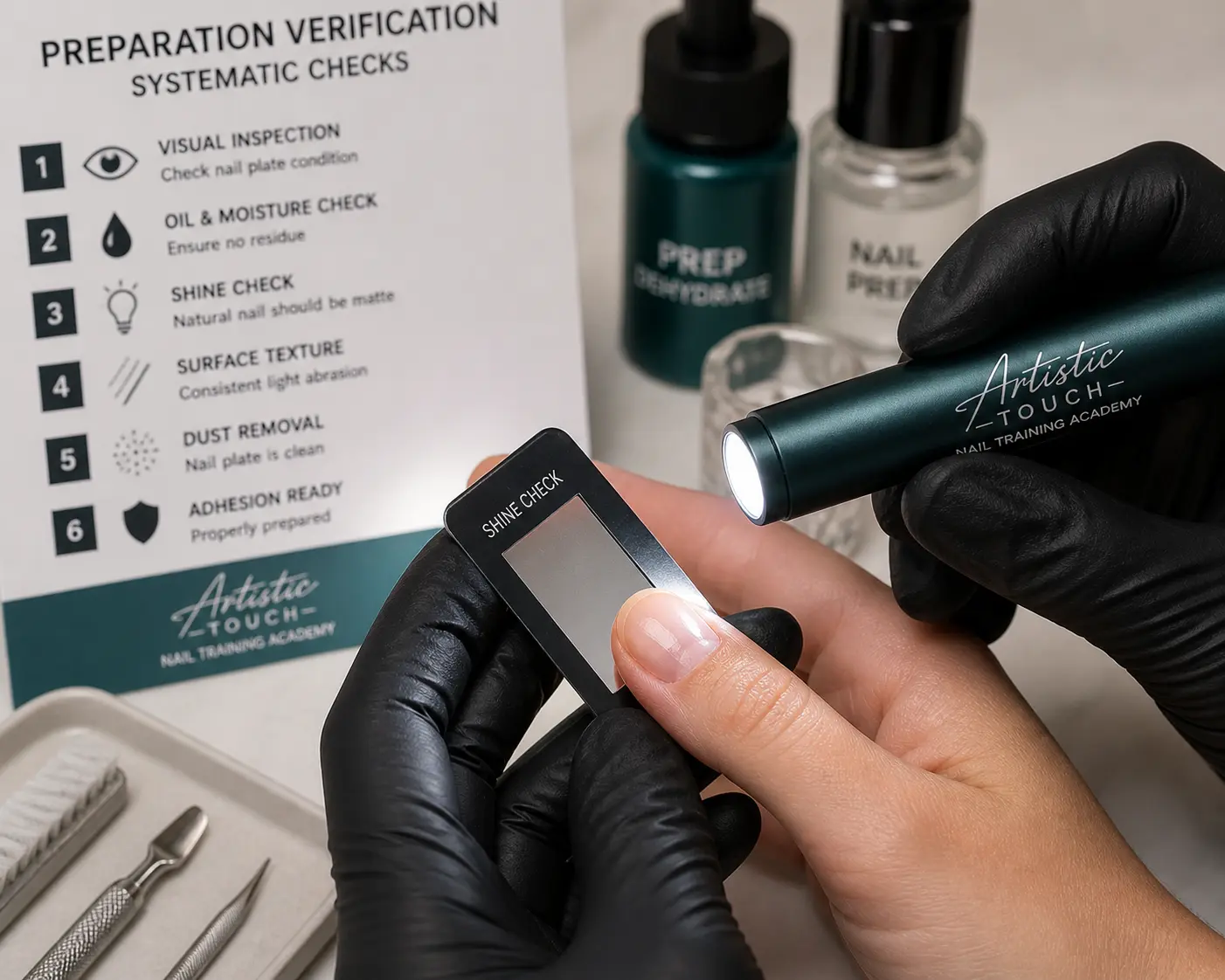 Close-up of hands performing systematic preparation verification checks on natural nail using assessment tools