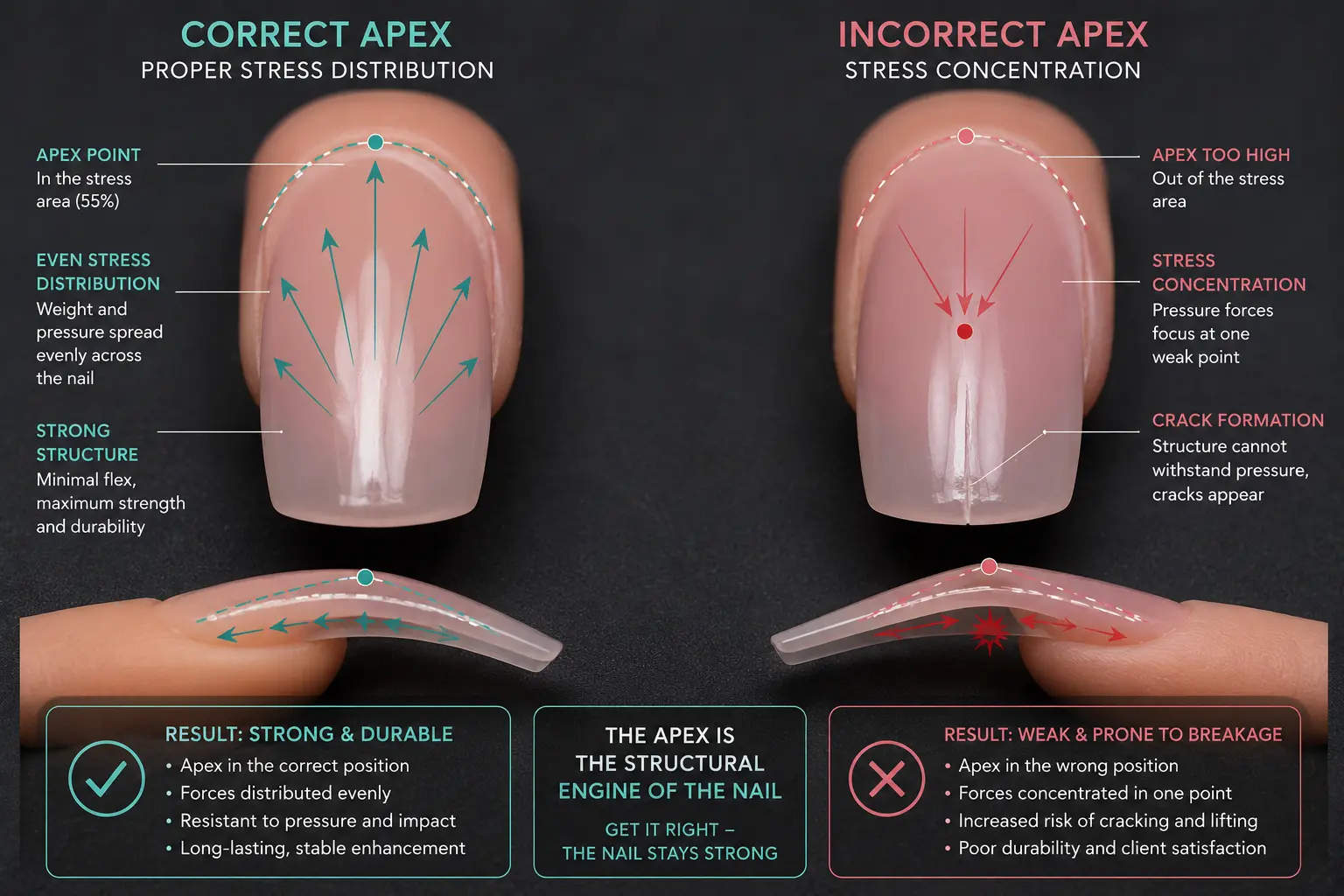 Comparison of correct versus incorrect apex placement showing how structural understanding determines nail enhancement performance not just aesthetic appearance