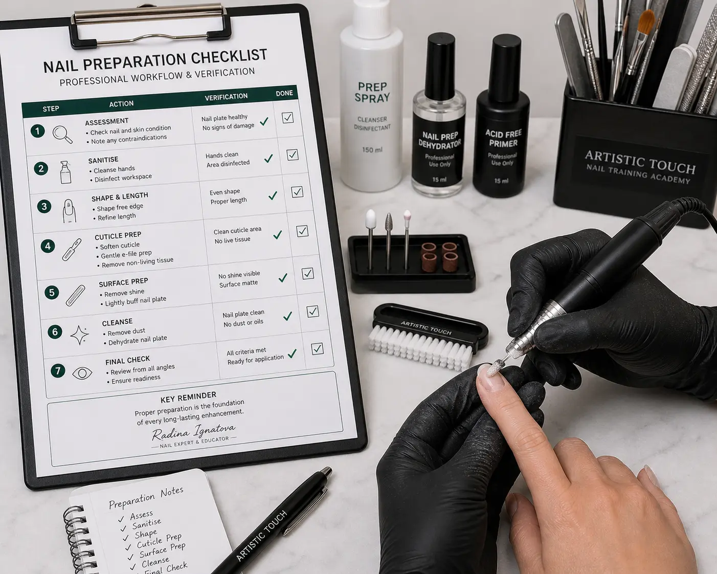 Nail technician following systematic preparation protocol with verification checklist in organized professional salon workspace