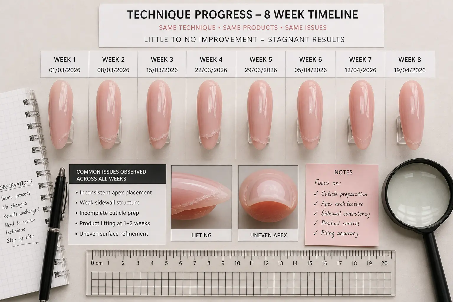Overhead view of nail enhancement samples arranged chronologically showing no quality improvement over time
